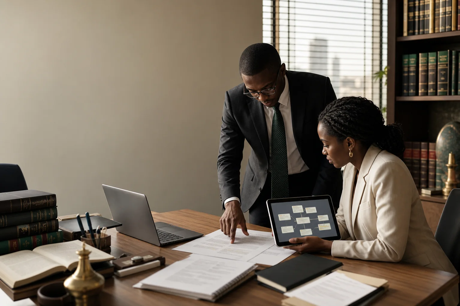 Ghanaian legal professionals reviewing cited work together